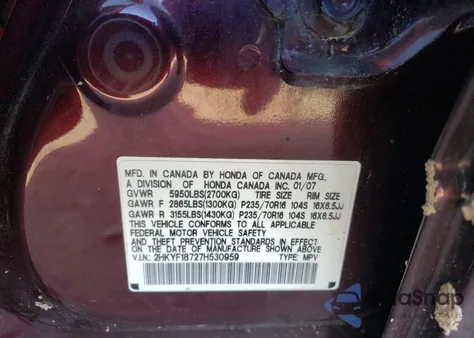 2007 Honda Pilot Exl from USA, damaged, VIN 2HKYF18727H530959